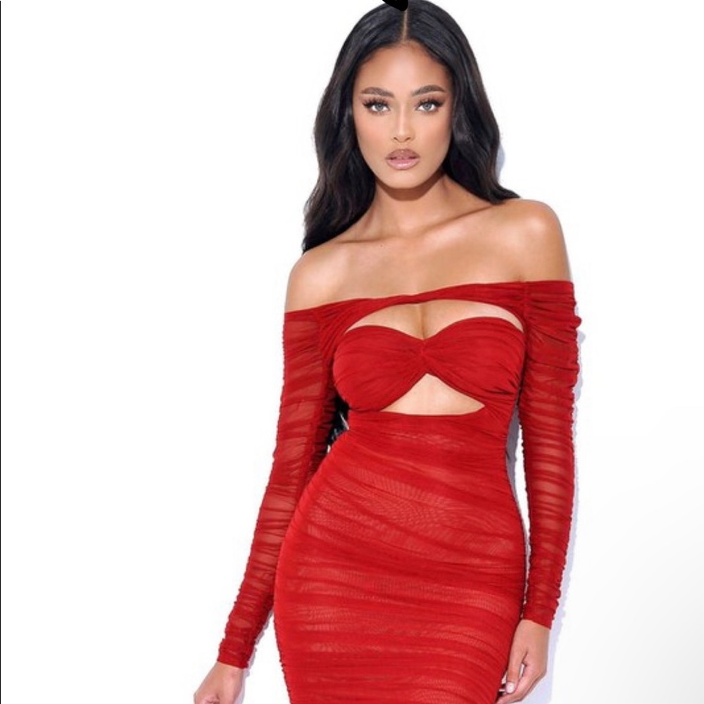 Terra Burgundy Mesh Off Shoulder Cutout Midi Dress